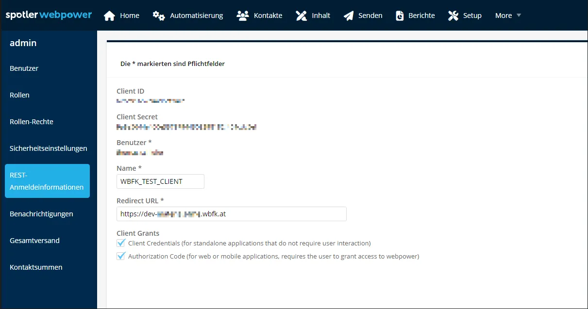 REST client settings in Spotler