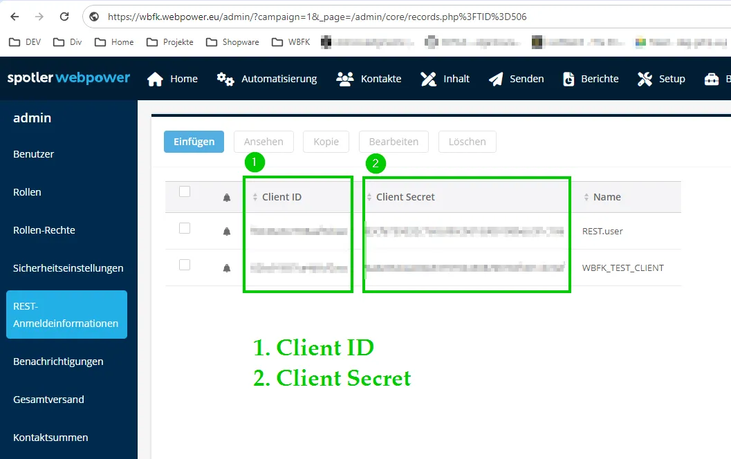 REST client settings in Spotler