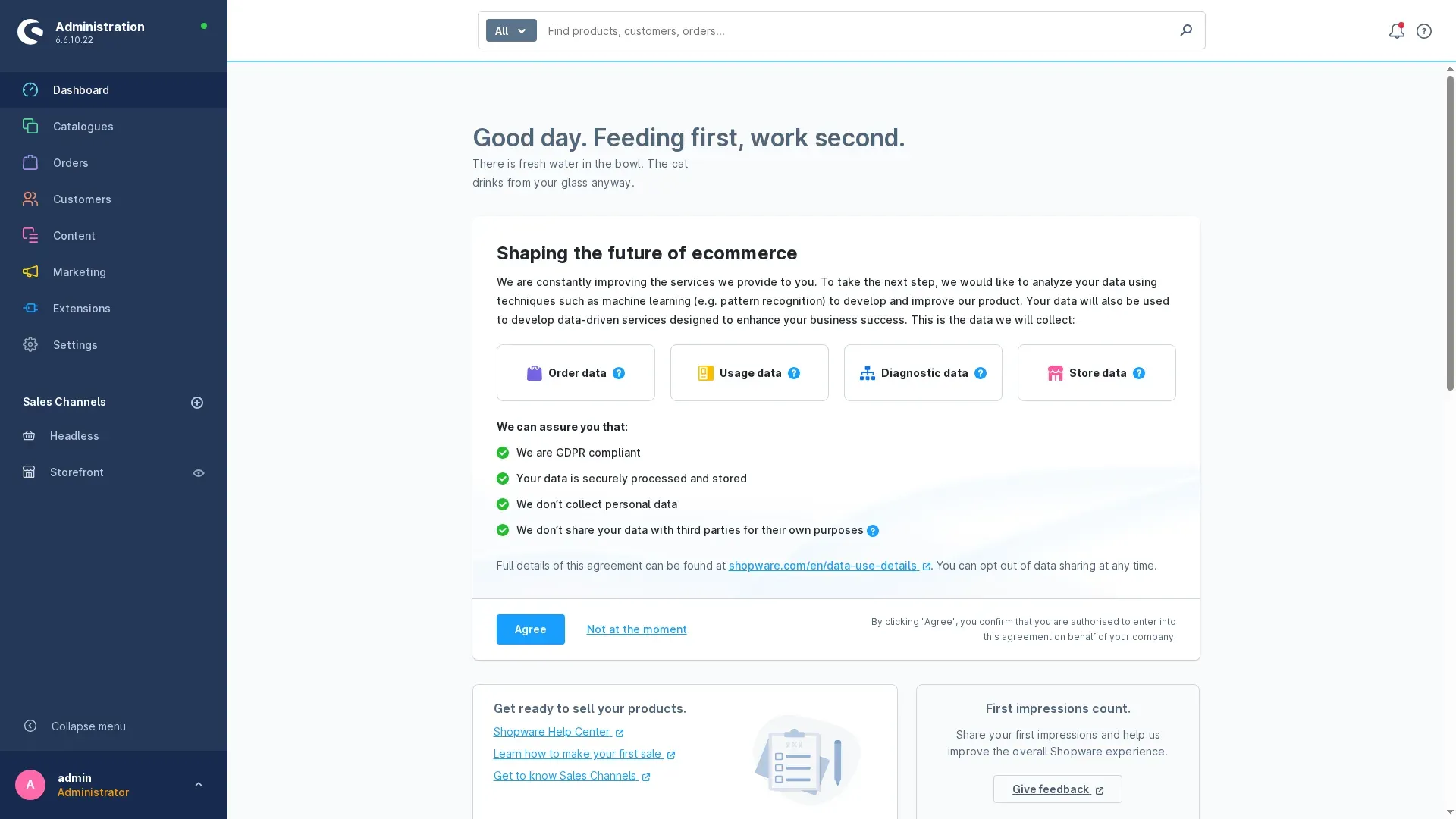 Shopware-Admin-Dashboard mit einem Zitat des Tages als Begrüßung