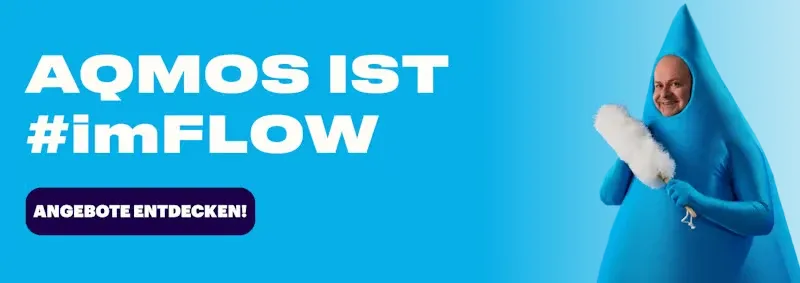 AQMOS ist #imFLOW — Banner im Shop mit Flowian, dem im Relaunch entstandenen Maskottchen